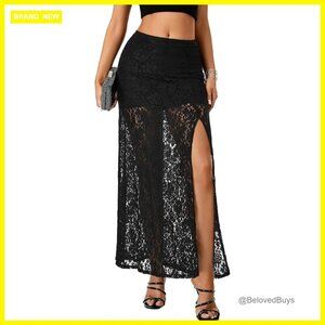 Sheer Lace Maxi Skirt with High Slit, Under Skirt, A-Line Style